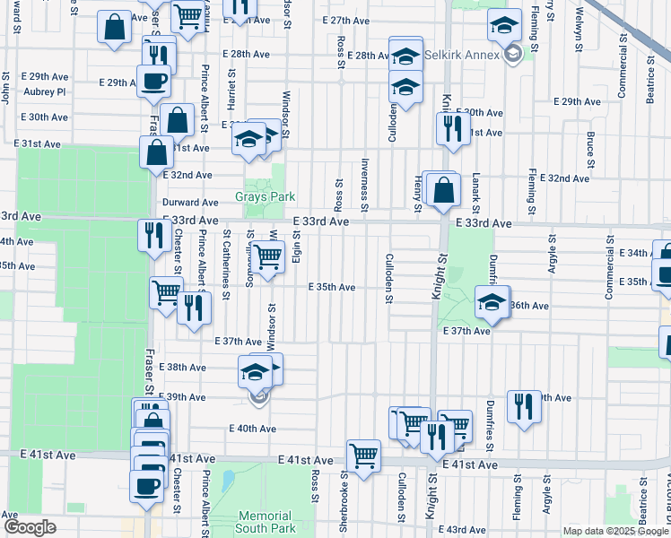 map of restaurants, bars, coffee shops, grocery stores, and more near 5051 Sherbrooke Street in Vancouver
