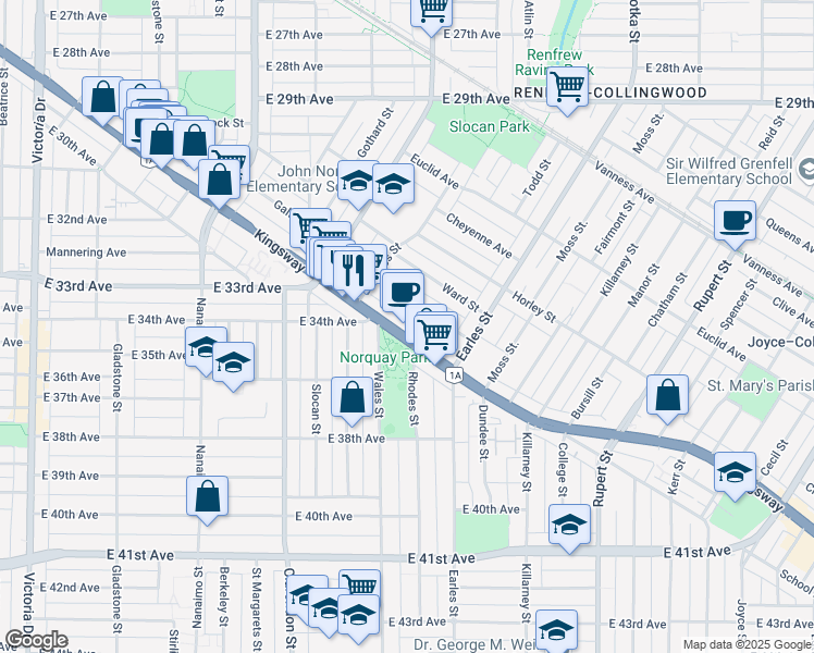 map of restaurants, bars, coffee shops, grocery stores, and more near in Vancouver