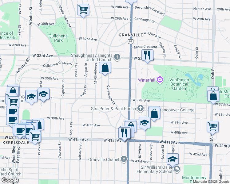 map of restaurants, bars, coffee shops, grocery stores, and more near 1570 West 36th Avenue in Vancouver