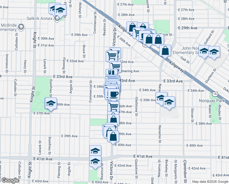 map of restaurants, bars, coffee shops, grocery stores, and more near 5022 Victoria Drive in Vancouver