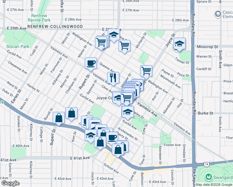 map of restaurants, bars, coffee shops, grocery stores, and more near 3333 Clive Avenue in Vancouver