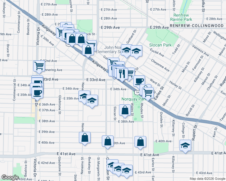 map of restaurants, bars, coffee shops, grocery stores, and more near 2488 East 34th Avenue in Vancouver