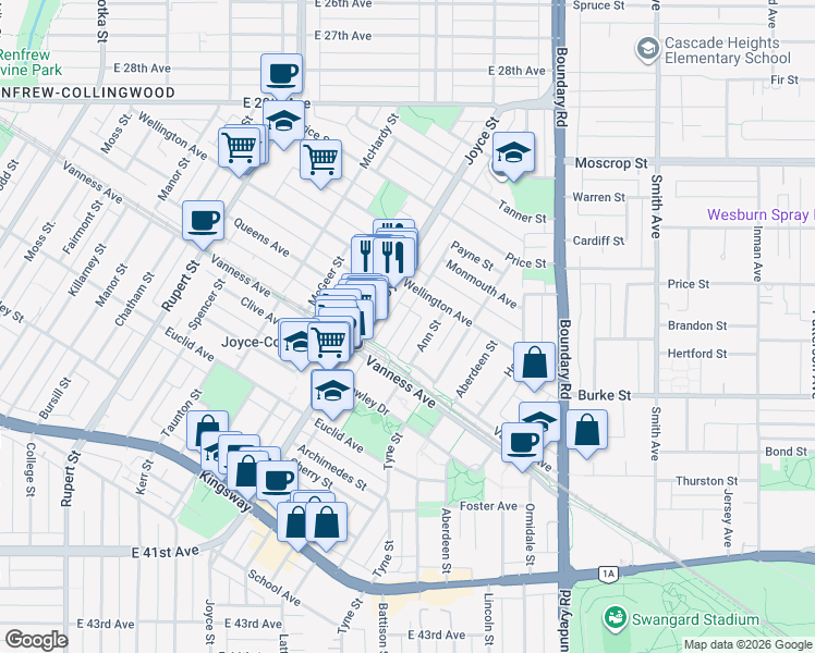map of restaurants, bars, coffee shops, grocery stores, and more near 5030 Payne Street in Vancouver