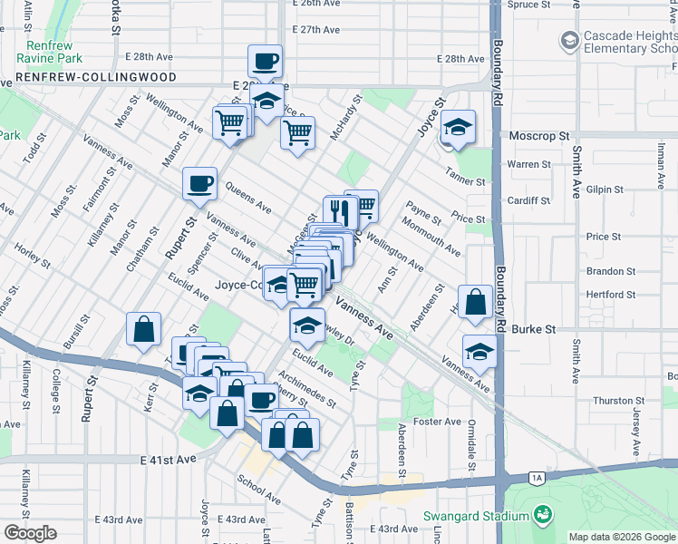 map of restaurants, bars, coffee shops, grocery stores, and more near 5058 Joyce Street in Vancouver