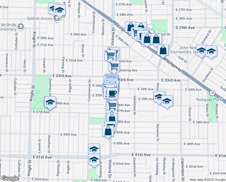 map of restaurants, bars, coffee shops, grocery stores, and more near 5022 Victoria Drive in Vancouver