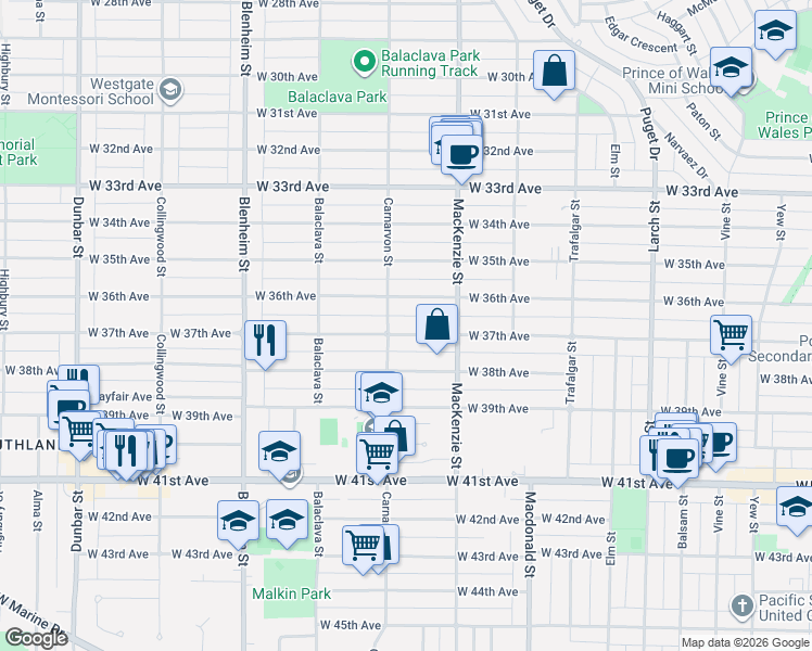 map of restaurants, bars, coffee shops, grocery stores, and more near in Vancouver