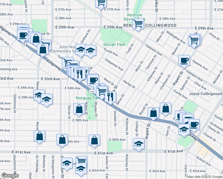 map of restaurants, bars, coffee shops, grocery stores, and more near 5069 Earles Street in Vancouver