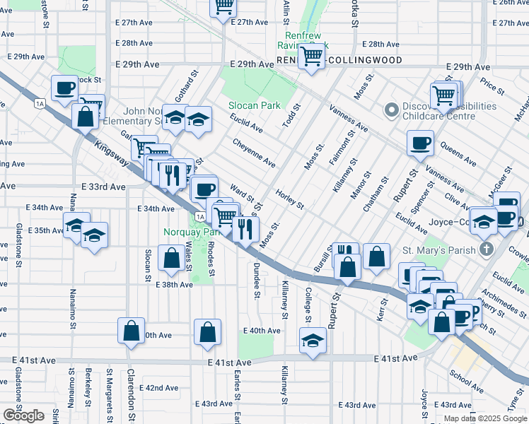 map of restaurants, bars, coffee shops, grocery stores, and more near in Vancouver