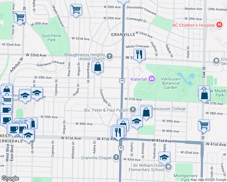 map of restaurants, bars, coffee shops, grocery stores, and more near 1536 West 36th Avenue in Vancouver