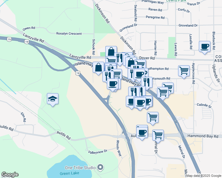 map of restaurants, bars, coffee shops, grocery stores, and more near 6670 Mary Ellen Drive in Nanaimo