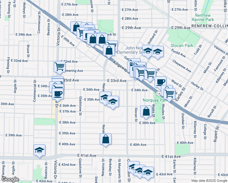 map of restaurants, bars, coffee shops, grocery stores, and more near 5002 Highgate Street in Vancouver