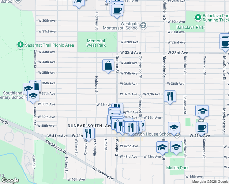 map of restaurants, bars, coffee shops, grocery stores, and more near 5281 Dunbar Street in Vancouver
