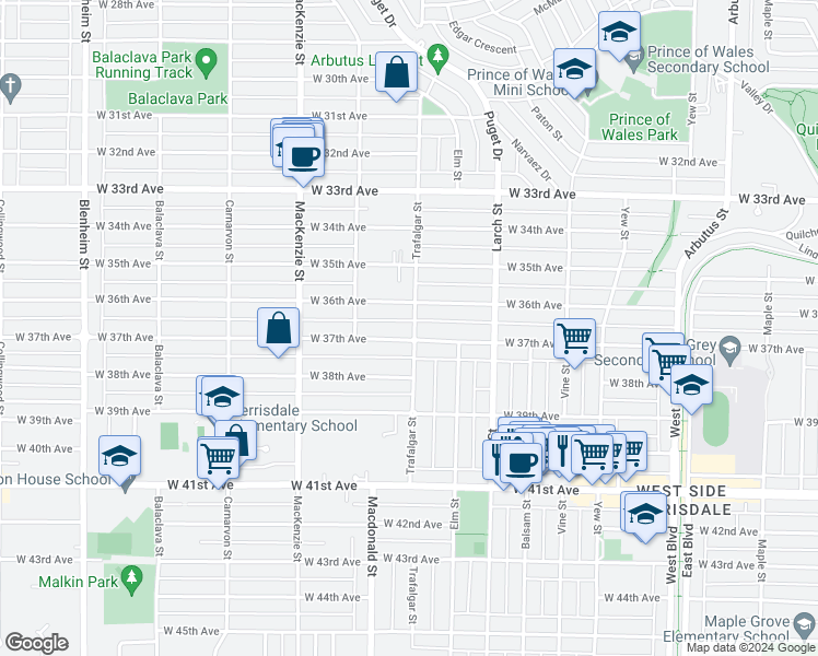map of restaurants, bars, coffee shops, grocery stores, and more near 2709 West 37th Avenue in Vancouver