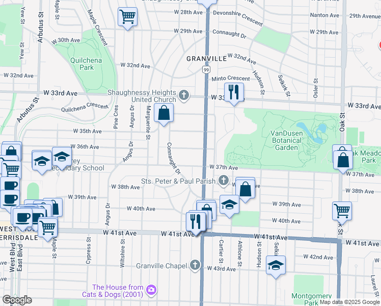 map of restaurants, bars, coffee shops, grocery stores, and more near 1536 West 36th Avenue in Vancouver