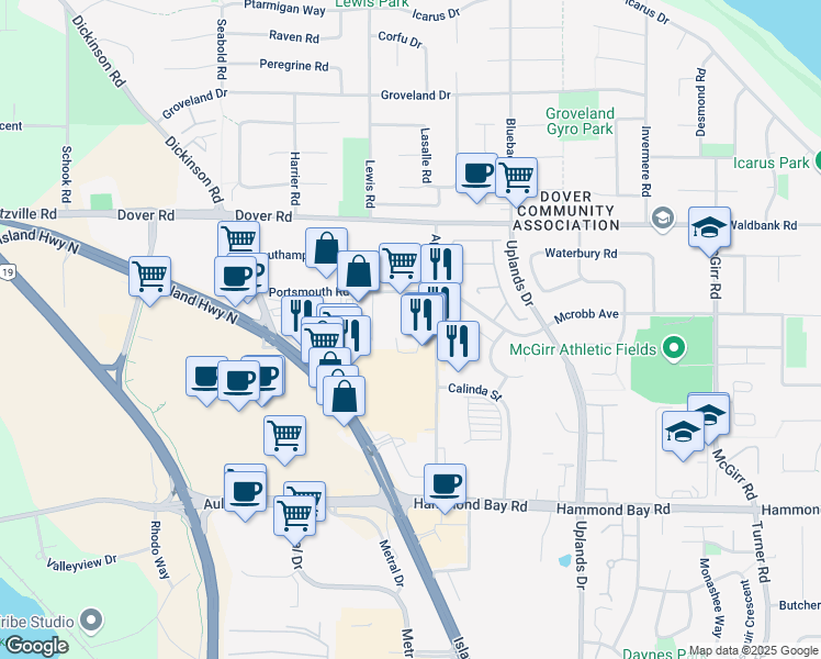 map of restaurants, bars, coffee shops, grocery stores, and more near 6599 Applecross Road in Nanaimo