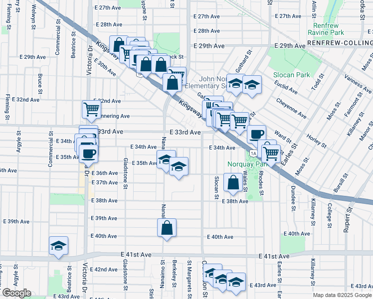 map of restaurants, bars, coffee shops, grocery stores, and more near 2388 East 34th Avenue in Vancouver