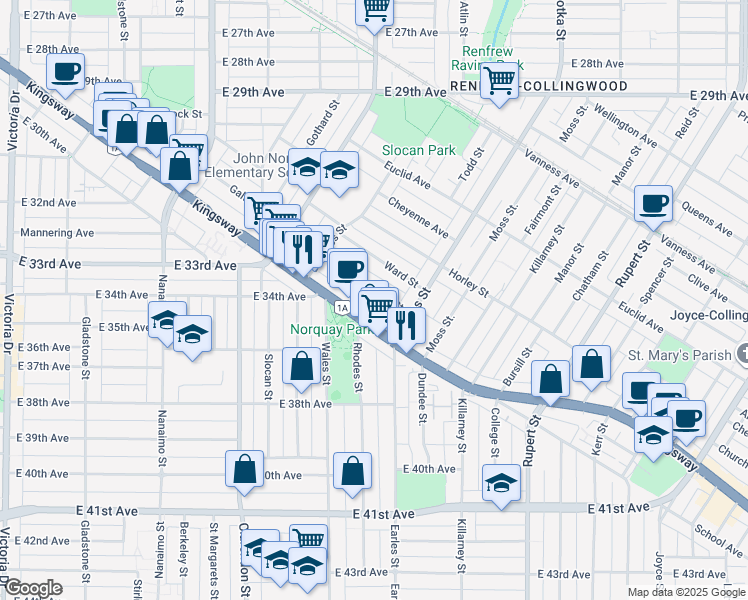 map of restaurants, bars, coffee shops, grocery stores, and more near 2732 Duke Street in Vancouver