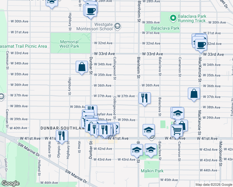 map of restaurants, bars, coffee shops, grocery stores, and more near 3491 West 37th Avenue in Vancouver