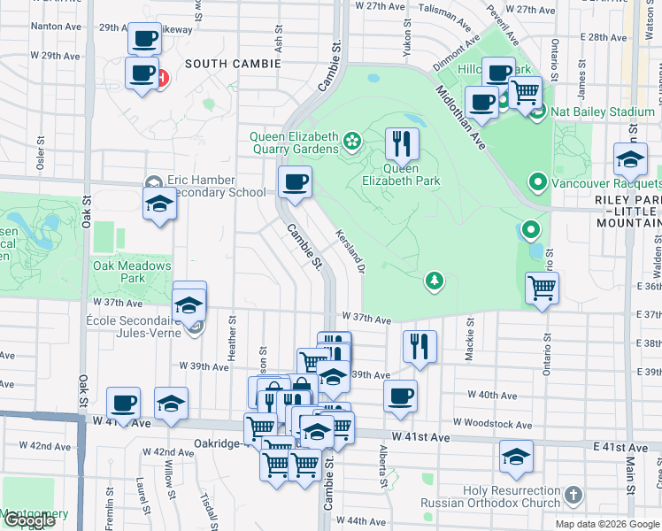 map of restaurants, bars, coffee shops, grocery stores, and more near 5168 Cambie Street in Vancouver