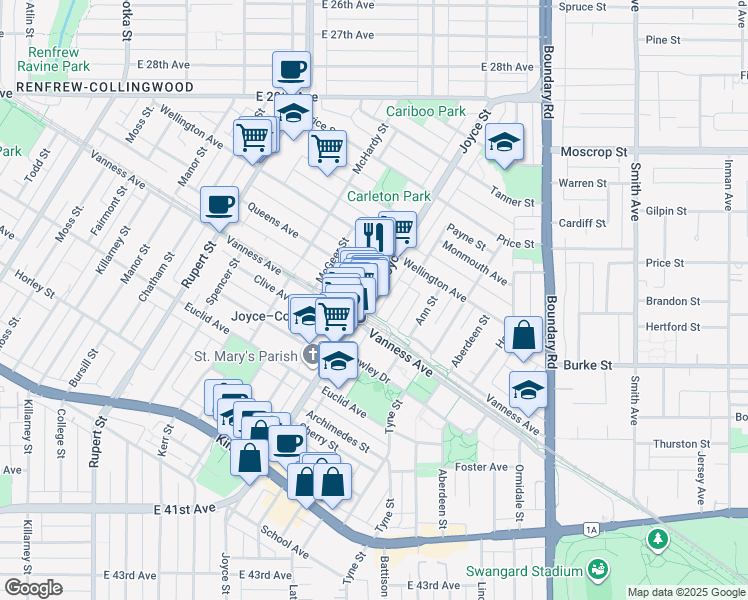 map of restaurants, bars, coffee shops, grocery stores, and more near 5035 Joyce Street in Vancouver