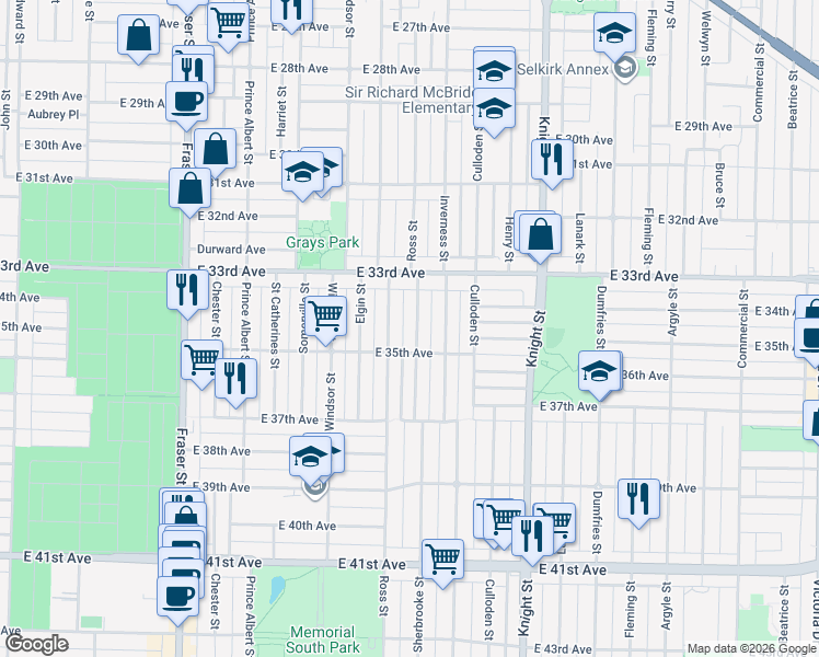 map of restaurants, bars, coffee shops, grocery stores, and more near in Vancouver