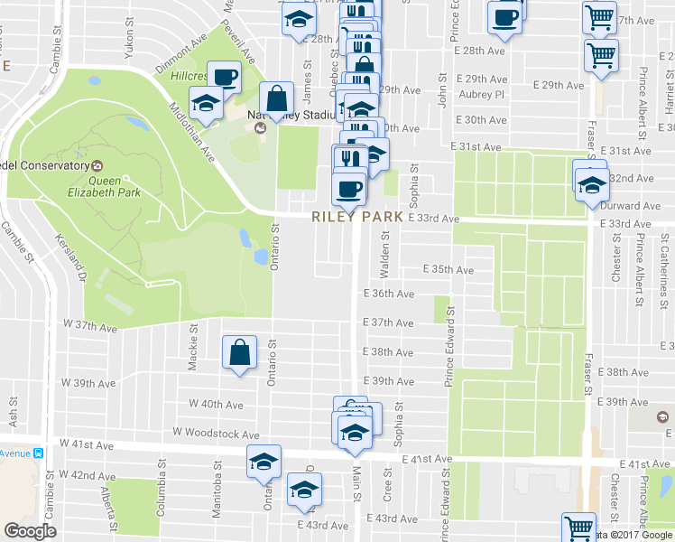 map of restaurants, bars, coffee shops, grocery stores, and more near 196 East 35th Avenue in Vancouver