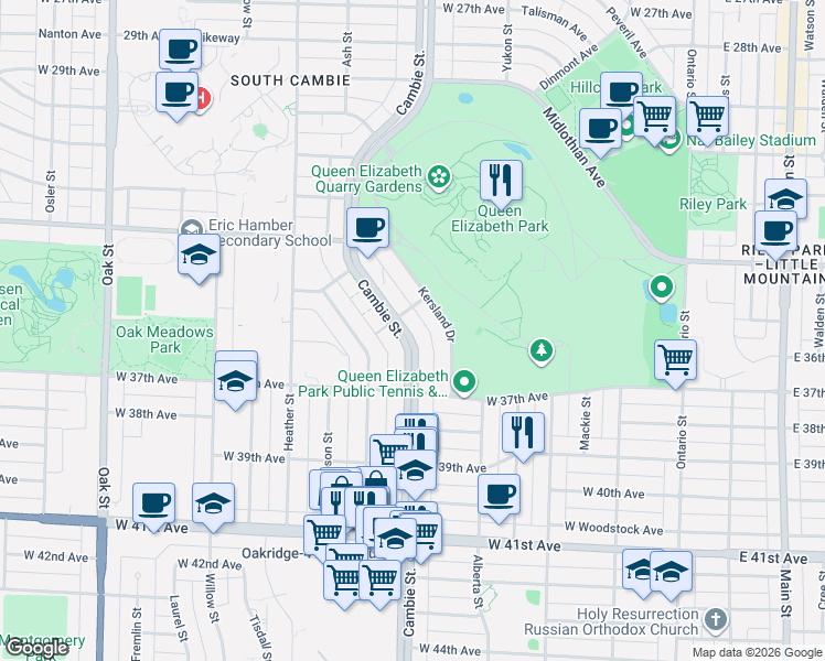 map of restaurants, bars, coffee shops, grocery stores, and more near 5168 Cambie Street in Vancouver