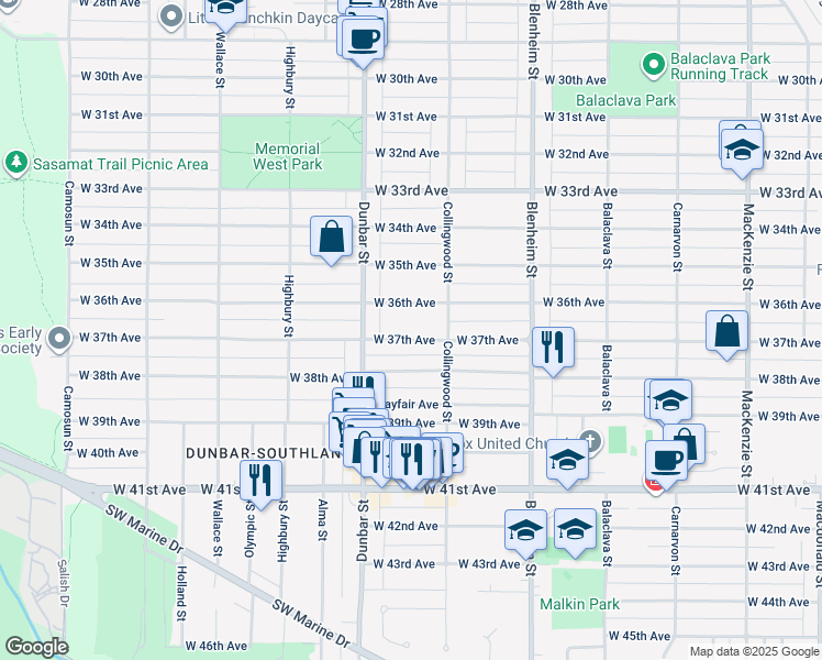 map of restaurants, bars, coffee shops, grocery stores, and more near 3539 West 37th Avenue in Vancouver