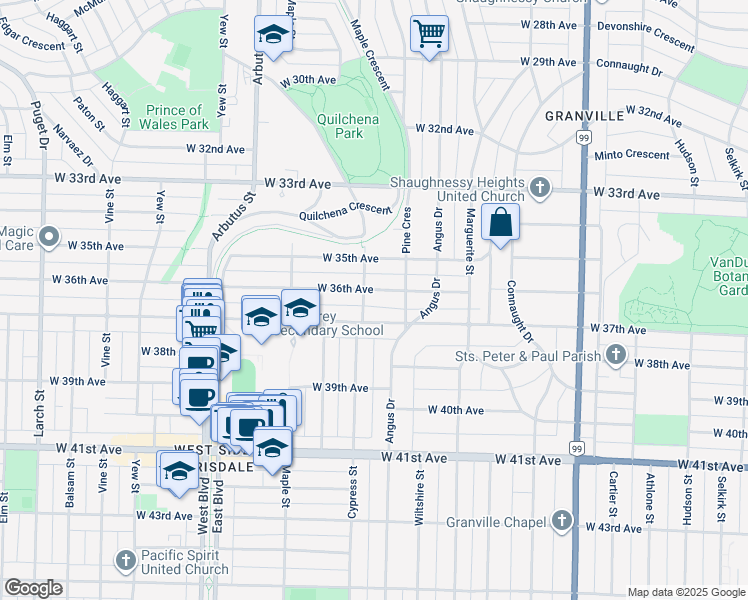 map of restaurants, bars, coffee shops, grocery stores, and more near 1876 West 36th Avenue in Vancouver