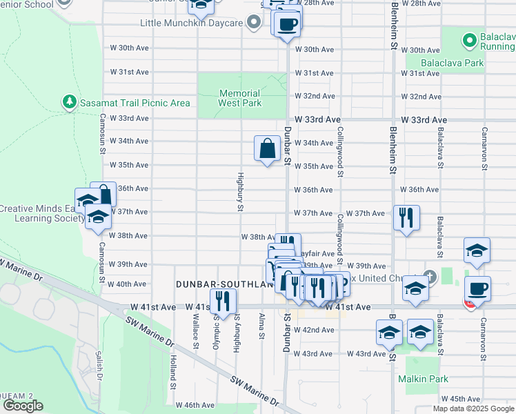 map of restaurants, bars, coffee shops, grocery stores, and more near 3725 West 37th Avenue in Vancouver
