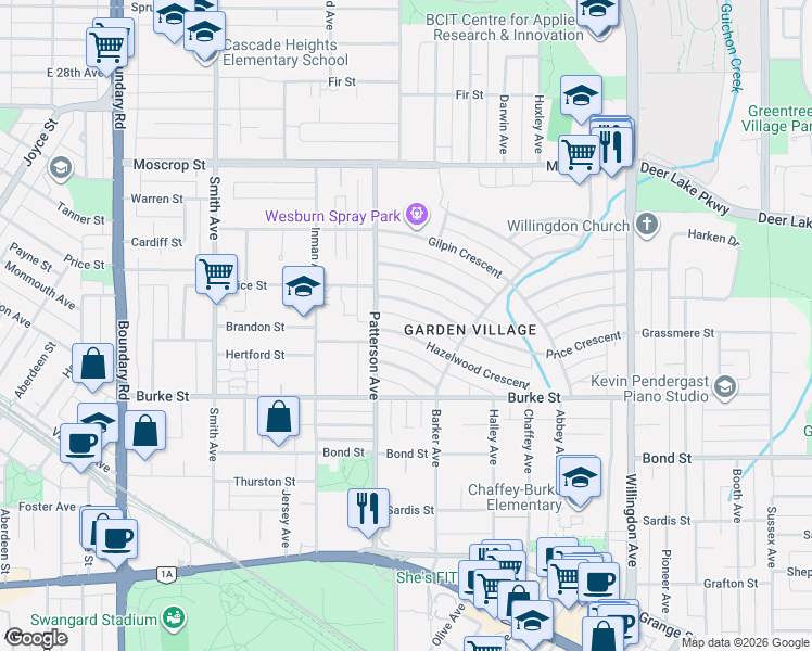 map of restaurants, bars, coffee shops, grocery stores, and more near 4155 Hazelwood Crescent in Burnaby
