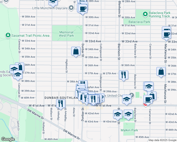 map of restaurants, bars, coffee shops, grocery stores, and more near 3565 West 37th Avenue in Vancouver