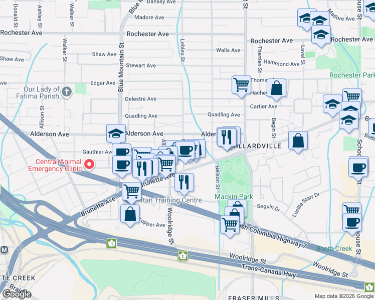 map of restaurants, bars, coffee shops, grocery stores, and more near 217 Lebleu Street in Coquitlam