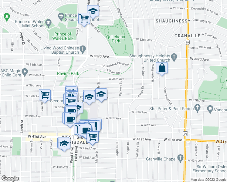 map of restaurants, bars, coffee shops, grocery stores, and more near 1934 West 36th Avenue in Vancouver