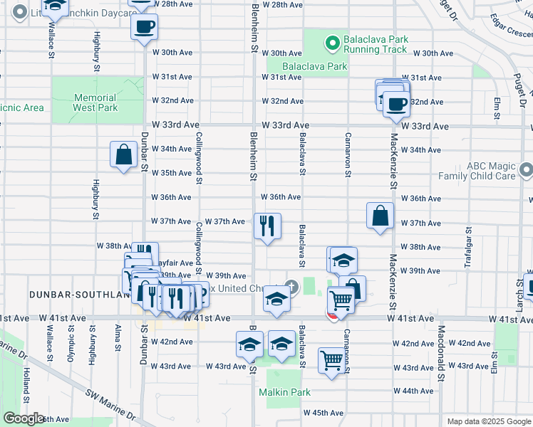 map of restaurants, bars, coffee shops, grocery stores, and more near 3283 West 37th Avenue in Vancouver