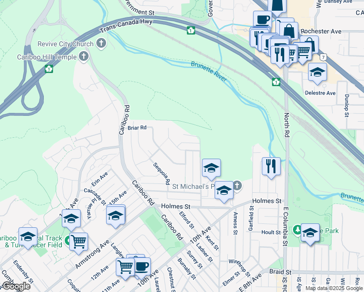 map of restaurants, bars, coffee shops, grocery stores, and more near 9139 Mona Avenue in Burnaby