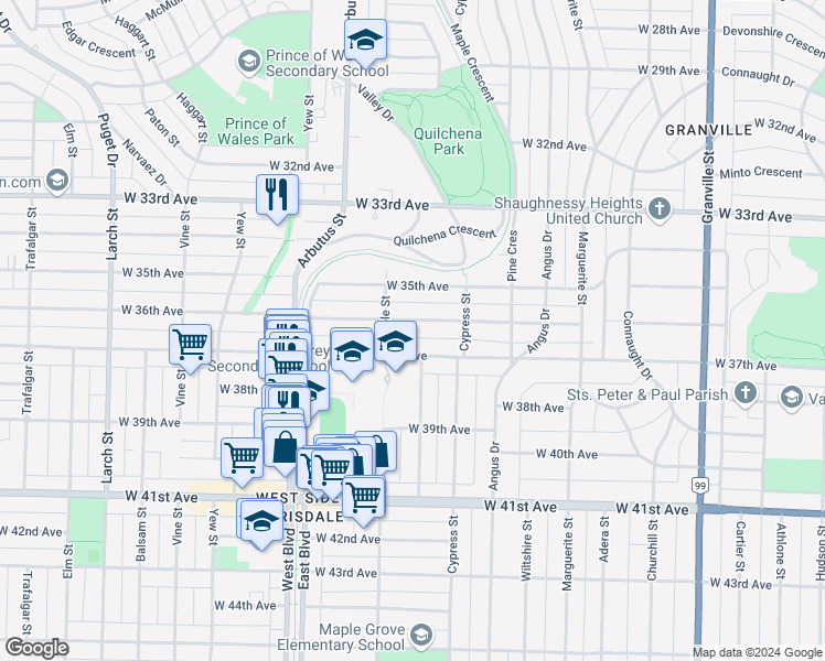 map of restaurants, bars, coffee shops, grocery stores, and more near 1972 West 36th Avenue in Vancouver
