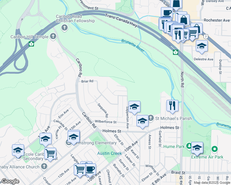 map of restaurants, bars, coffee shops, grocery stores, and more near 9139 Mona Avenue in Burnaby