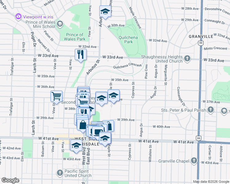 map of restaurants, bars, coffee shops, grocery stores, and more near 1986 West 36th Avenue in Vancouver