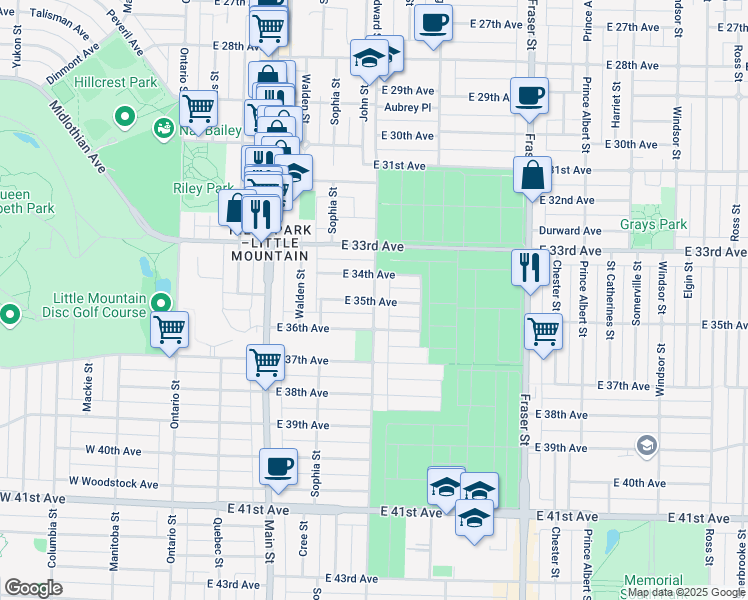 map of restaurants, bars, coffee shops, grocery stores, and more near 5080 Prince Edward Street in Vancouver