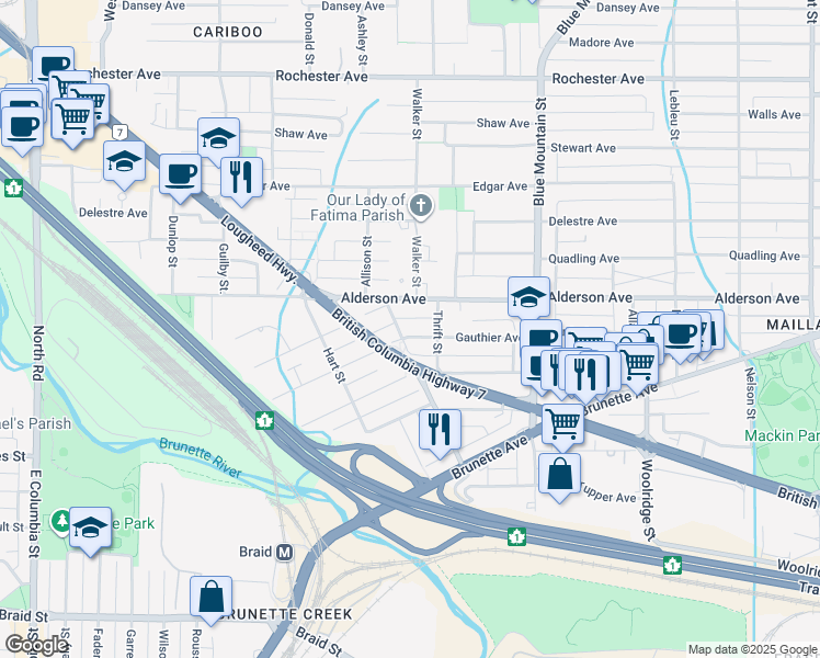 map of restaurants, bars, coffee shops, grocery stores, and more near 743 Gauthier Avenue in Coquitlam