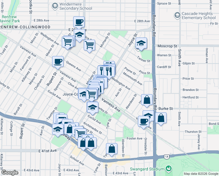 map of restaurants, bars, coffee shops, grocery stores, and more near 5019 Payne Street in Vancouver