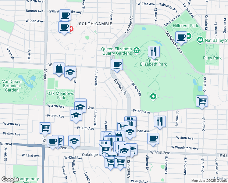 map of restaurants, bars, coffee shops, grocery stores, and more near 5080 Ash Street in Vancouver
