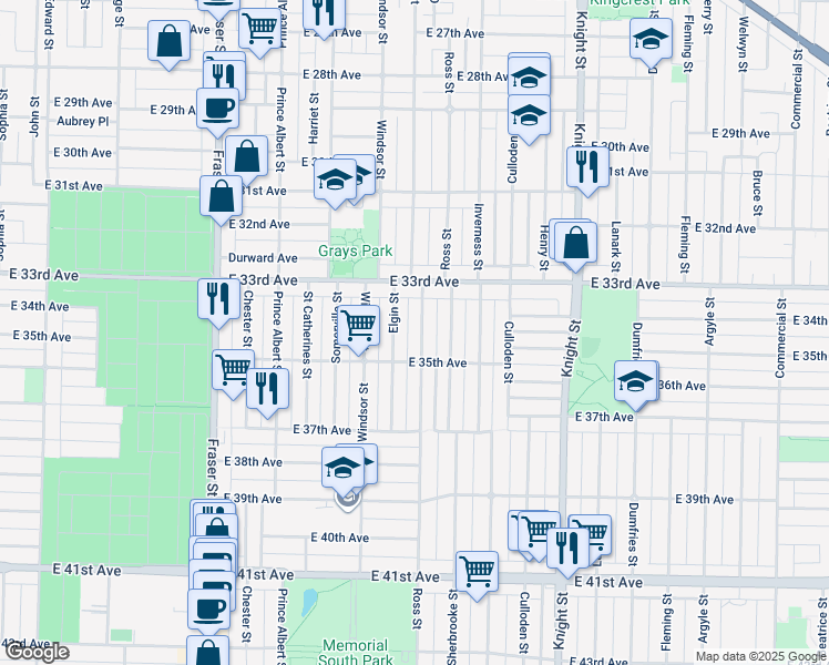map of restaurants, bars, coffee shops, grocery stores, and more near 5033 Ross Street in Vancouver