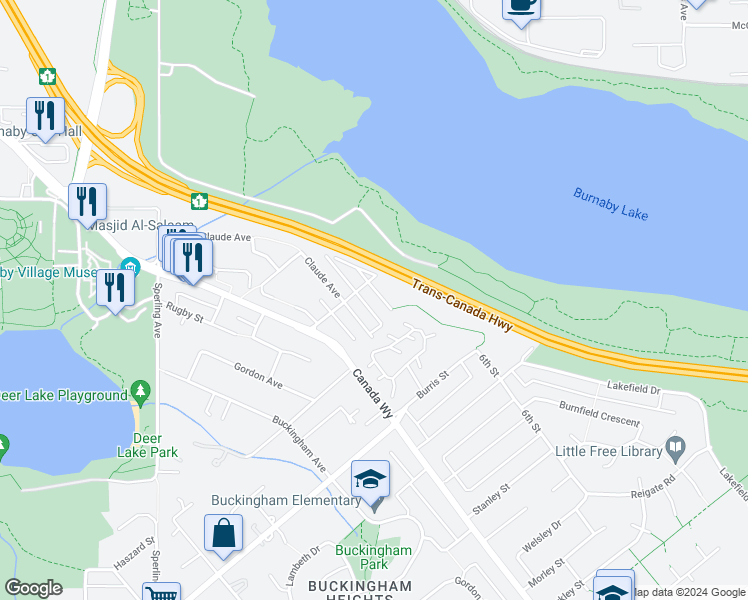map of restaurants, bars, coffee shops, grocery stores, and more near 5559 Donovan Avenue in Burnaby