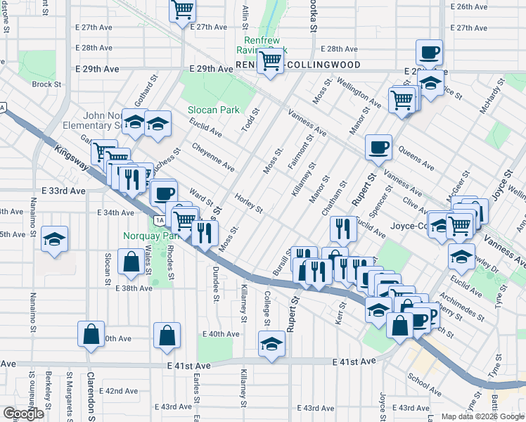 map of restaurants, bars, coffee shops, grocery stores, and more near in Vancouver