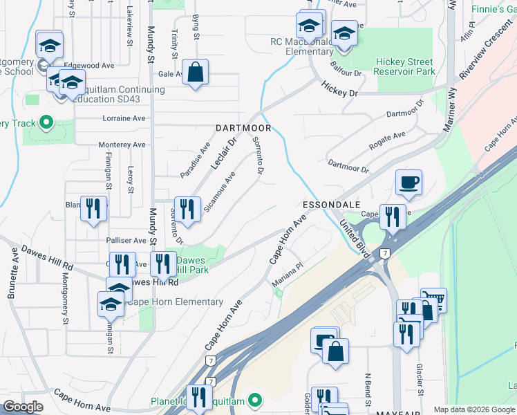 map of restaurants, bars, coffee shops, grocery stores, and more near 2263 Monashee Court in Coquitlam