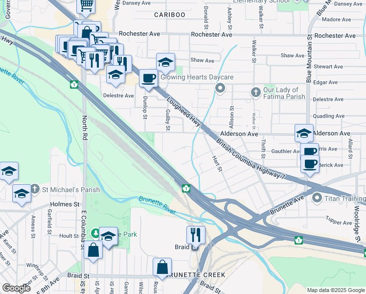 map of restaurants, bars, coffee shops, grocery stores, and more near Godwin Court in Coquitlam