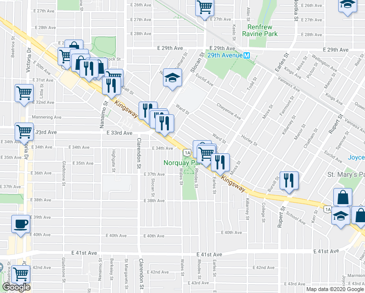 map of restaurants, bars, coffee shops, grocery stores, and more near in Vancouver