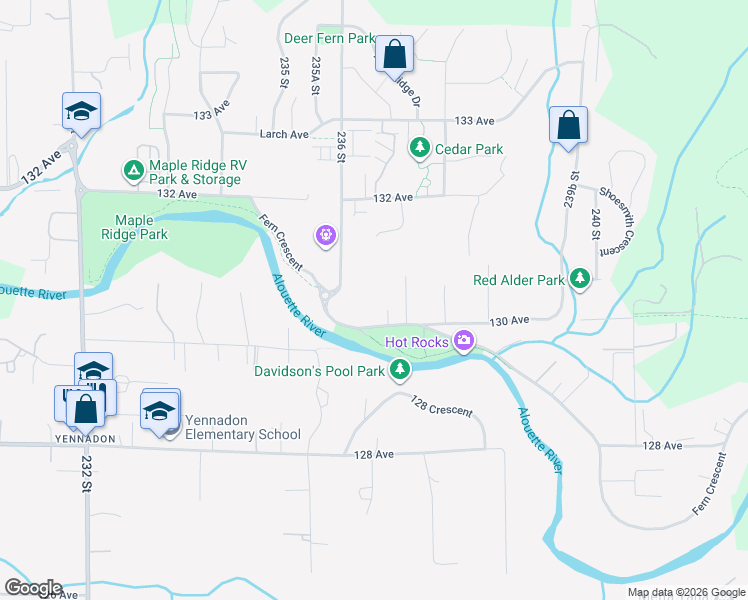 map of restaurants, bars, coffee shops, grocery stores, and more near 23653 Fern Crescent in Maple Ridge